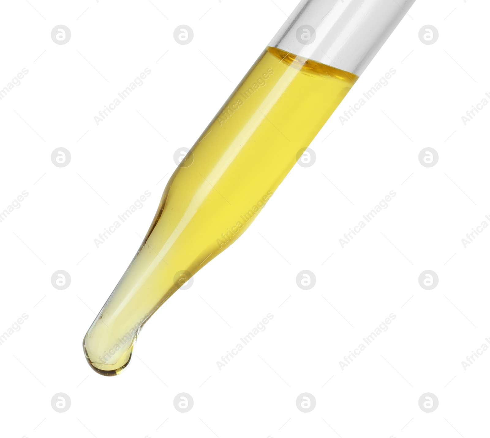 Photo of Dripping essential oil from pipette on white background