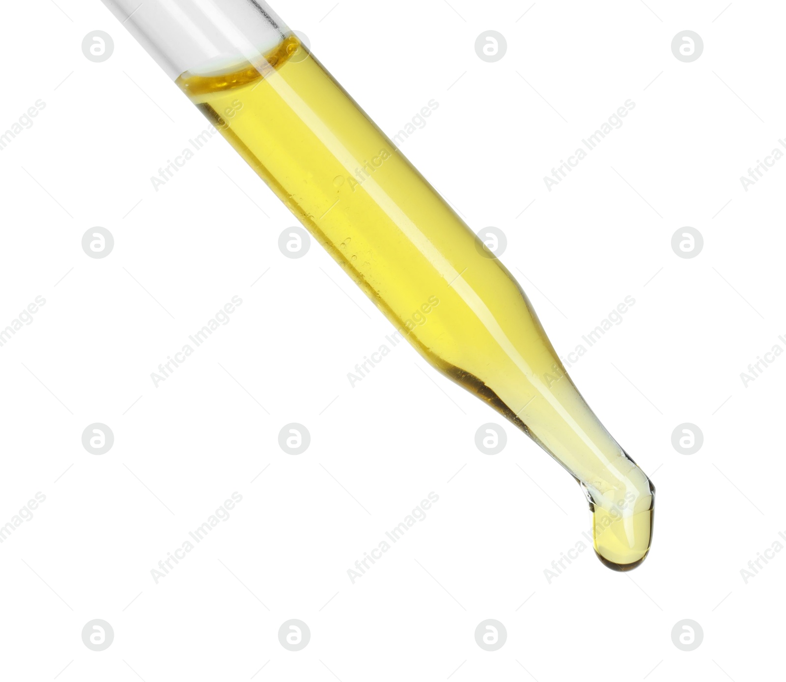 Photo of Dripping essential oil from pipette on white background