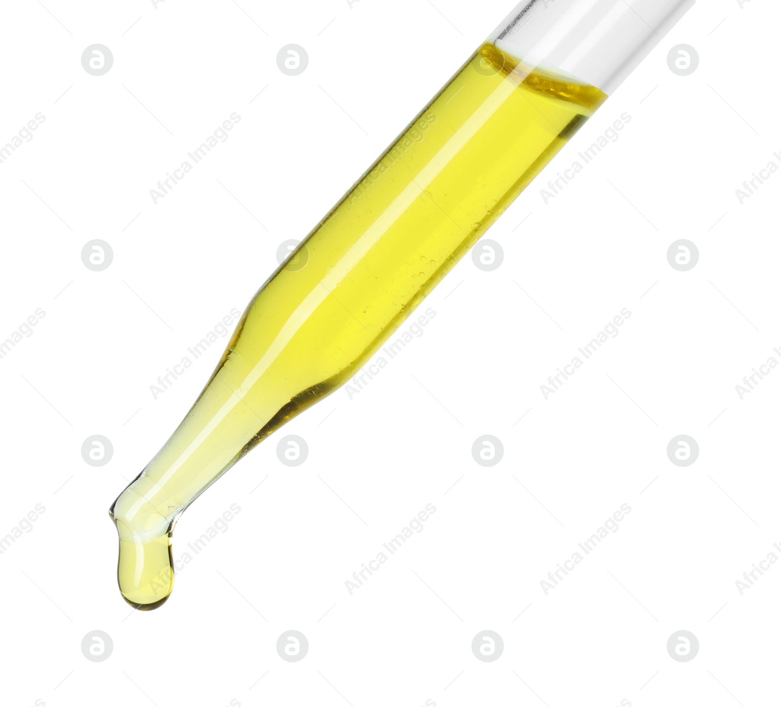 Photo of Dripping essential oil from pipette on white background