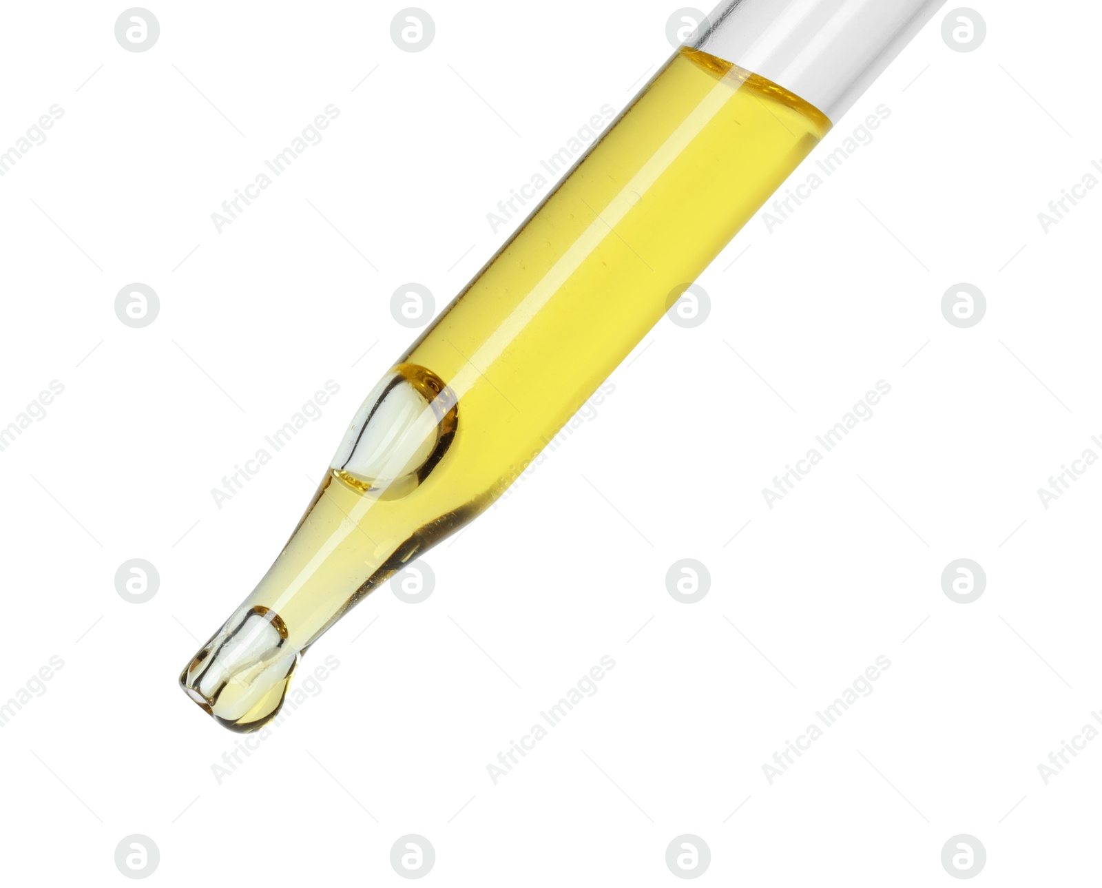 Photo of Dripping essential oil from pipette on white background