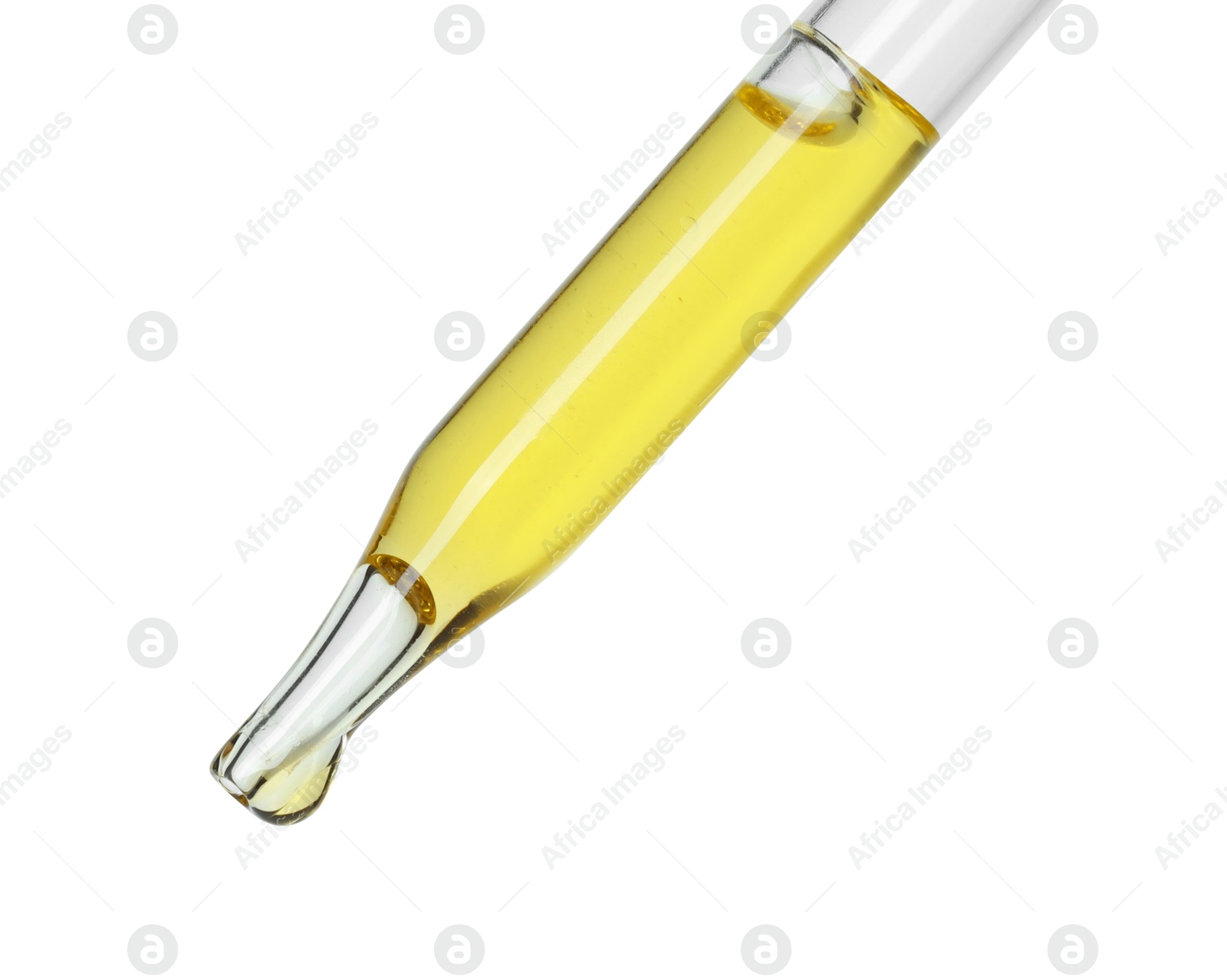 Photo of Dripping essential oil from pipette on white background