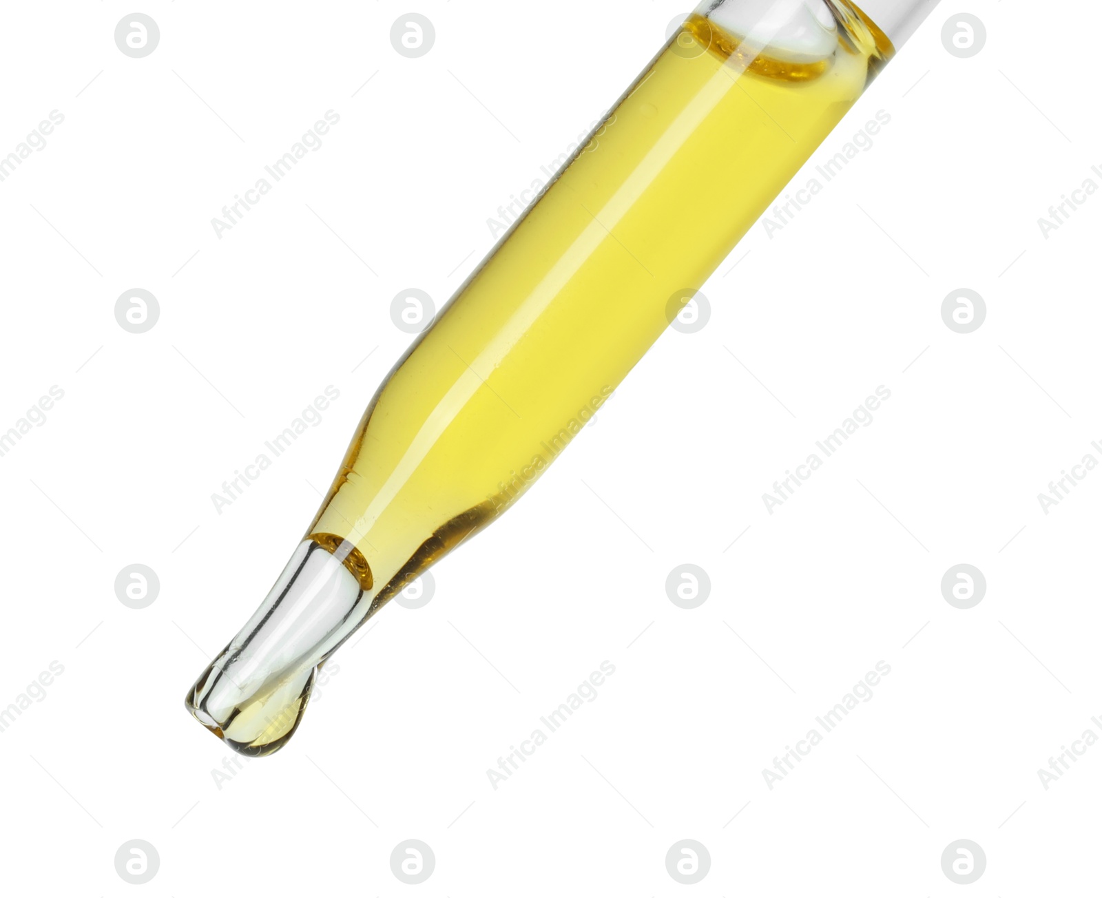 Photo of Dripping essential oil from pipette on white background