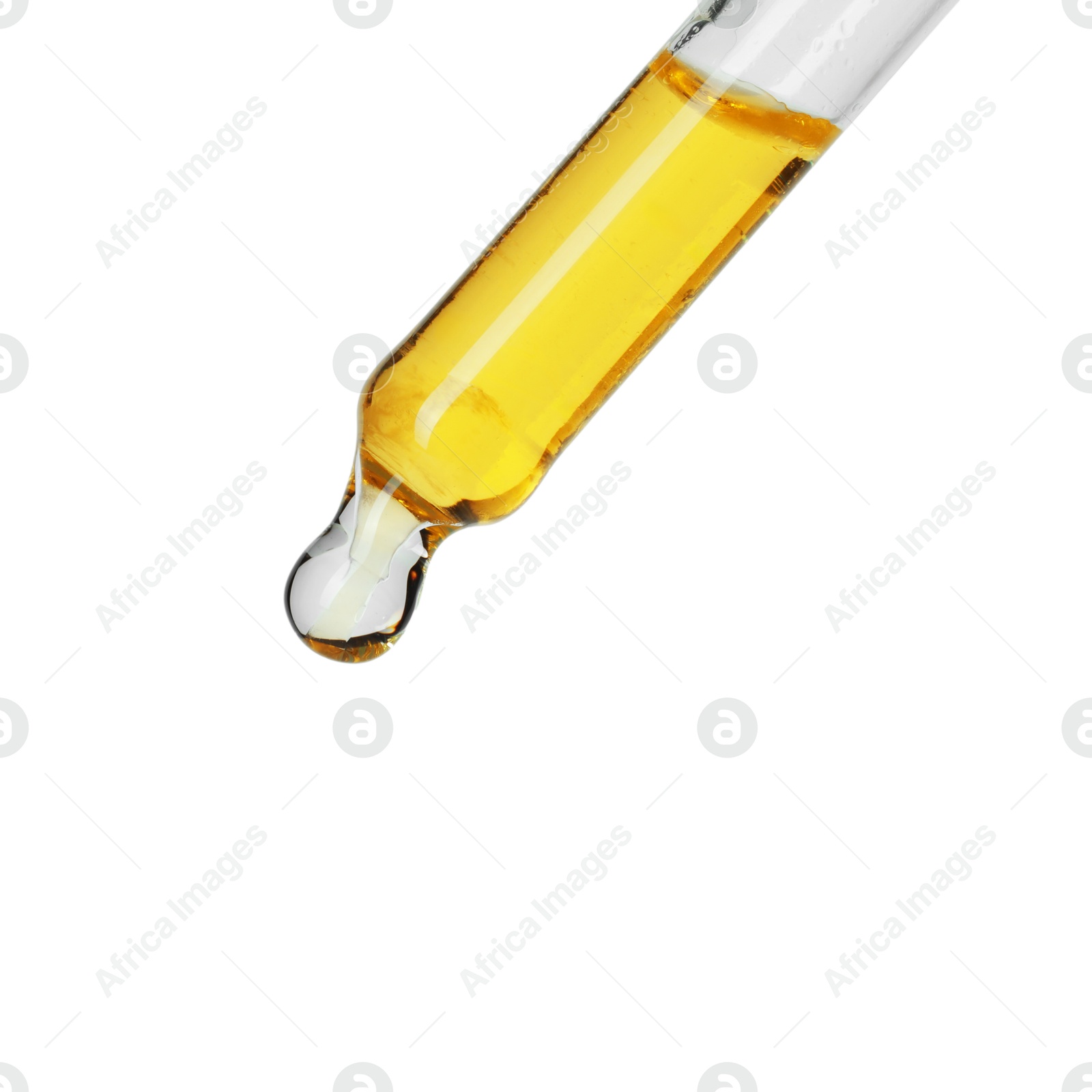 Photo of Dripping essential oil from pipette on white background