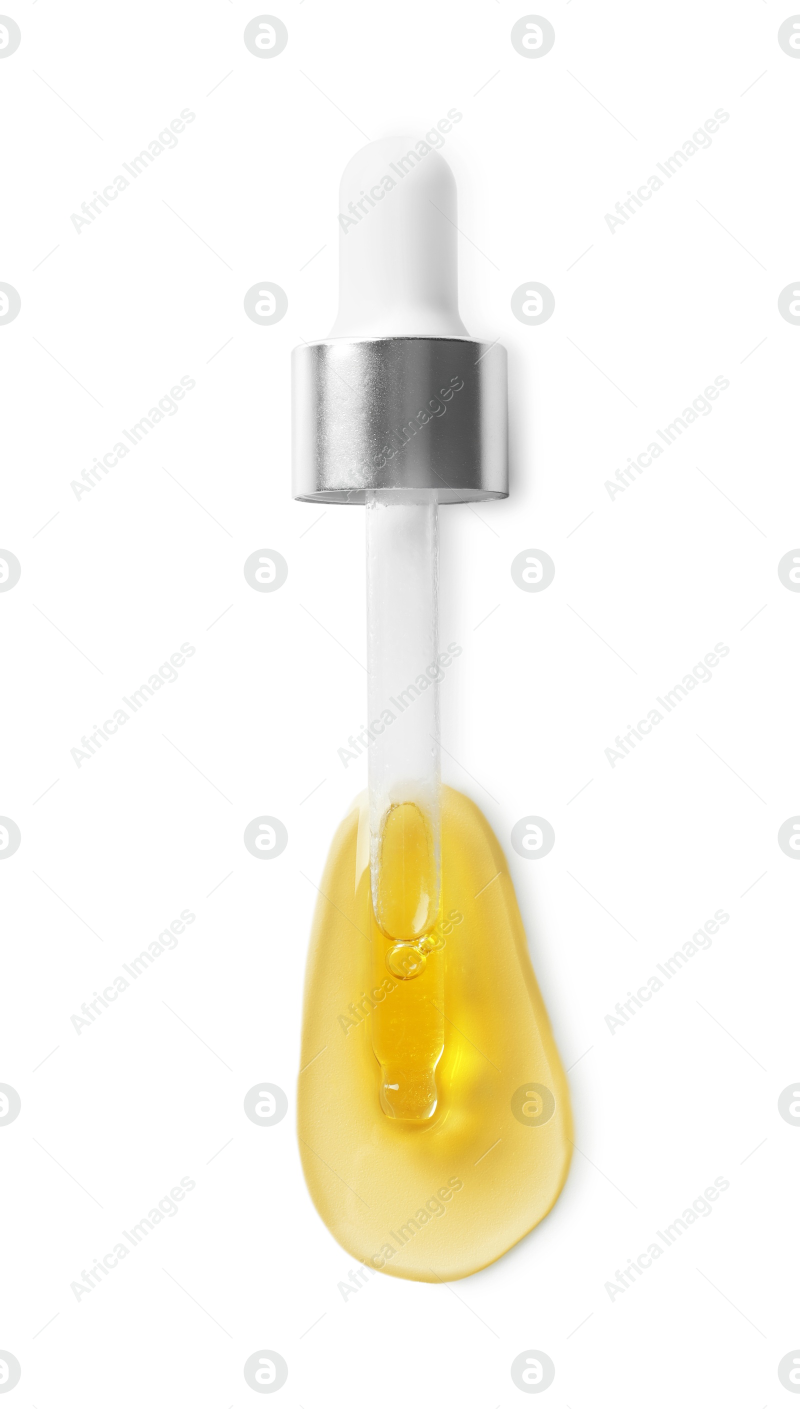 Photo of Cosmetic oil and pipette isolated on white, top view