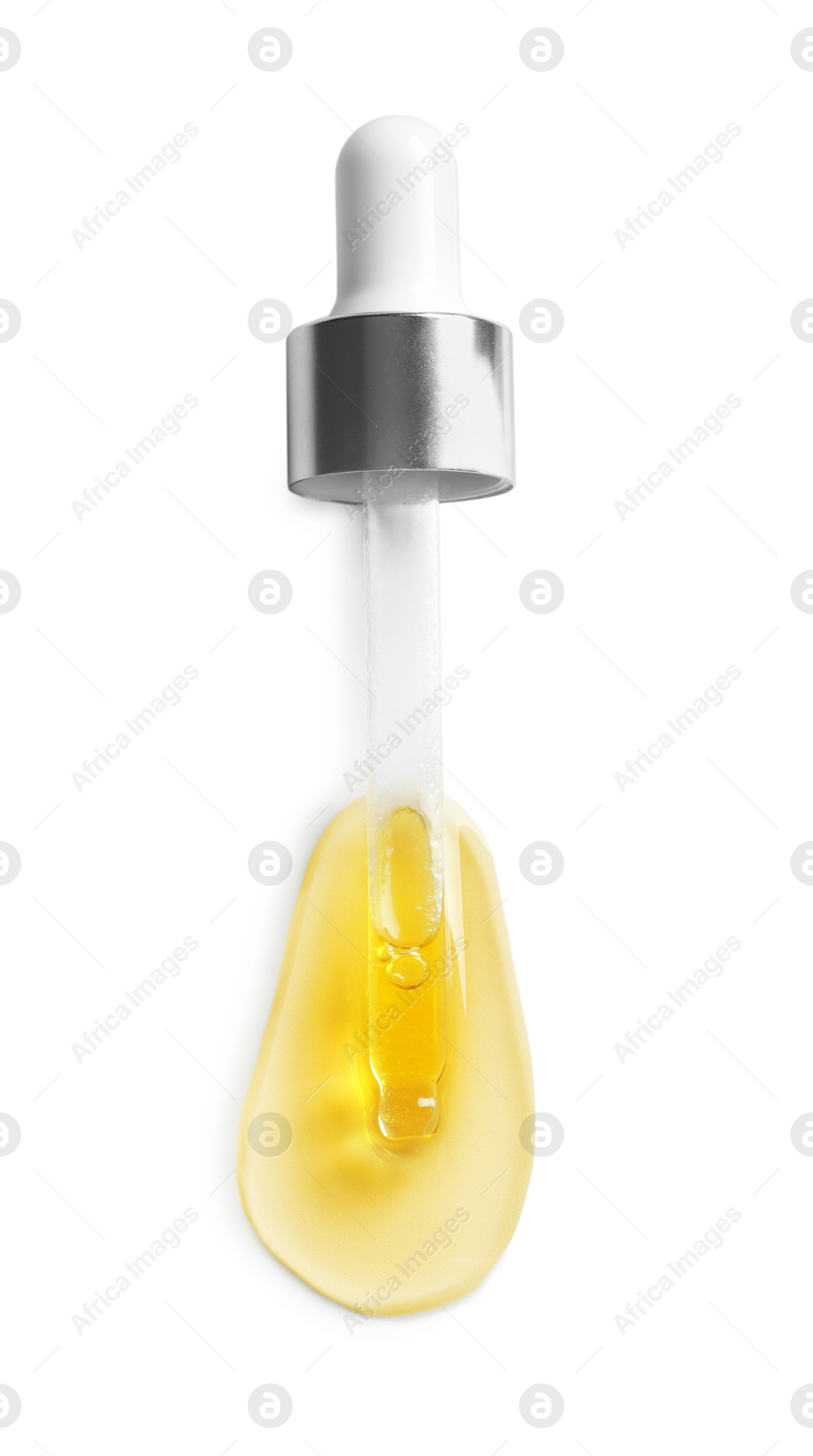 Photo of Cosmetic oil and pipette isolated on white, top view