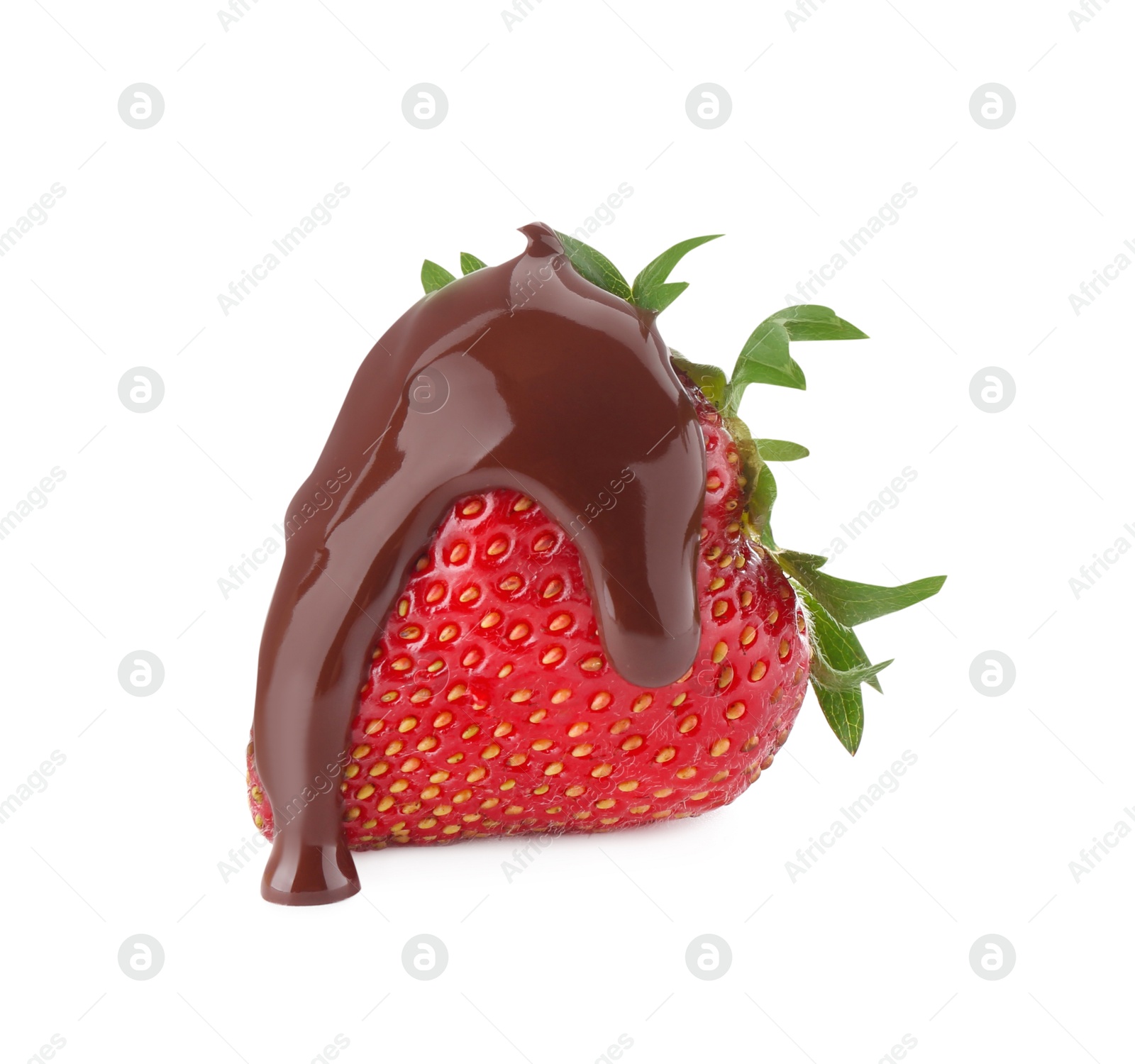 Photo of Fresh strawberry with melted chocolate isolated on white