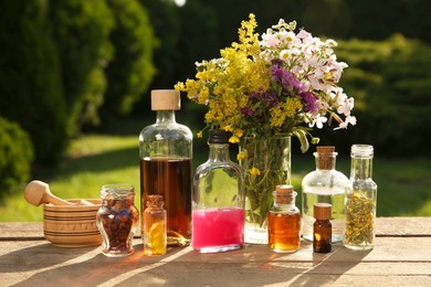 Different tinctures in bottles, ingredients, mortar and pestle on wooden table outdoors