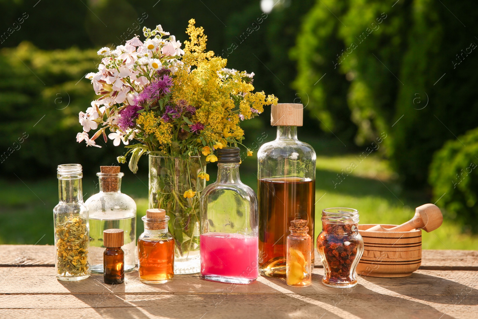 Photo of Different tinctures in bottles, ingredients, mortar and pestle on wooden table outdoors