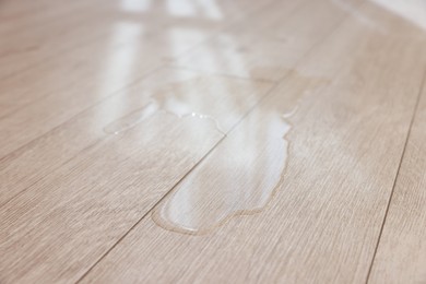 Photo of Puddle of liquid on wooden floor indoors, closeup