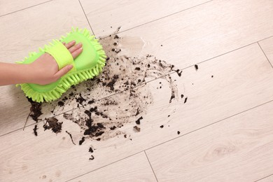 Photo of Woman cleaning dirt on wooden floor, closeup