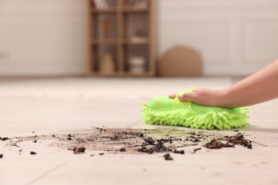 Photo of Woman cleaning dirt on wooden floor, closeup. Space for text