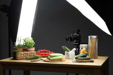 Shooting food in photo studio with professional lighting equipment