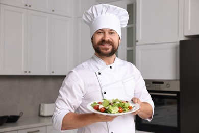 Professional chef with delicious salad in kitchen