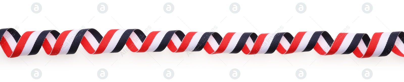 Photo of Ribbon in colors of Yemeni flag isolated on white, top view