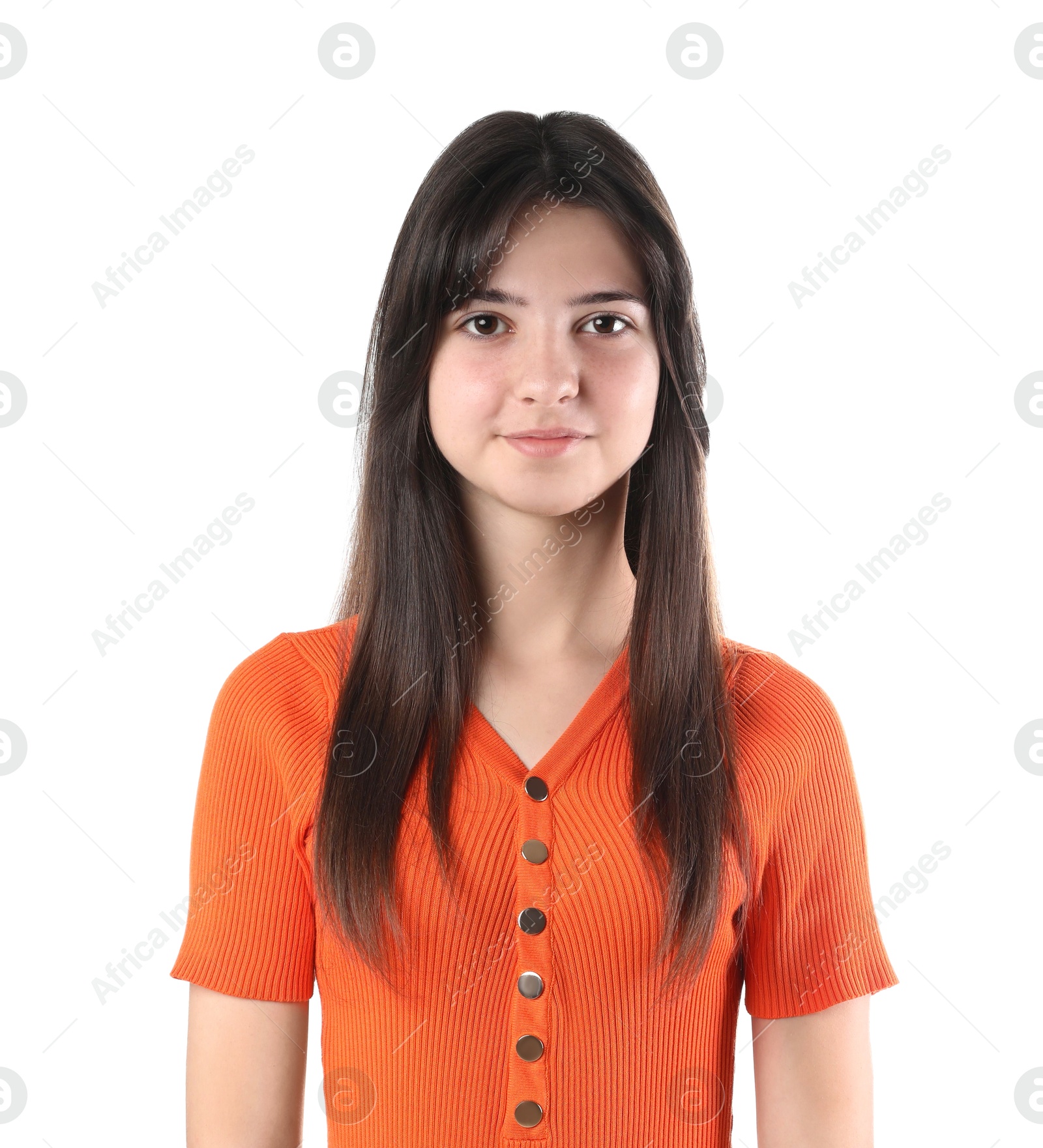 Photo of Portrait of cute teenage girl on white background