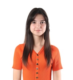 Portrait of cute teenage girl on white background