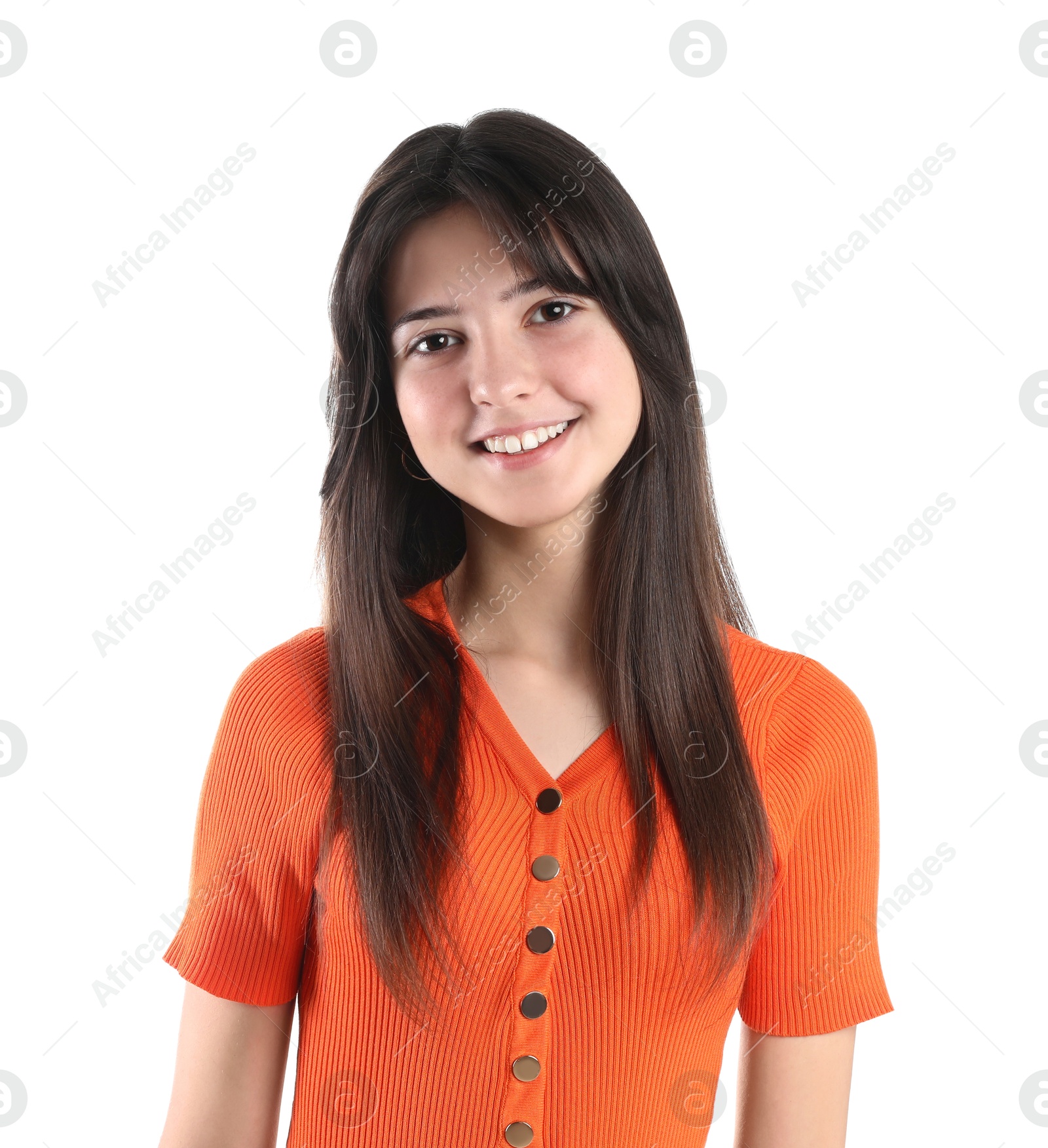 Photo of Portrait of smiling teenage girl on white background