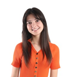 Portrait of smiling teenage girl on white background