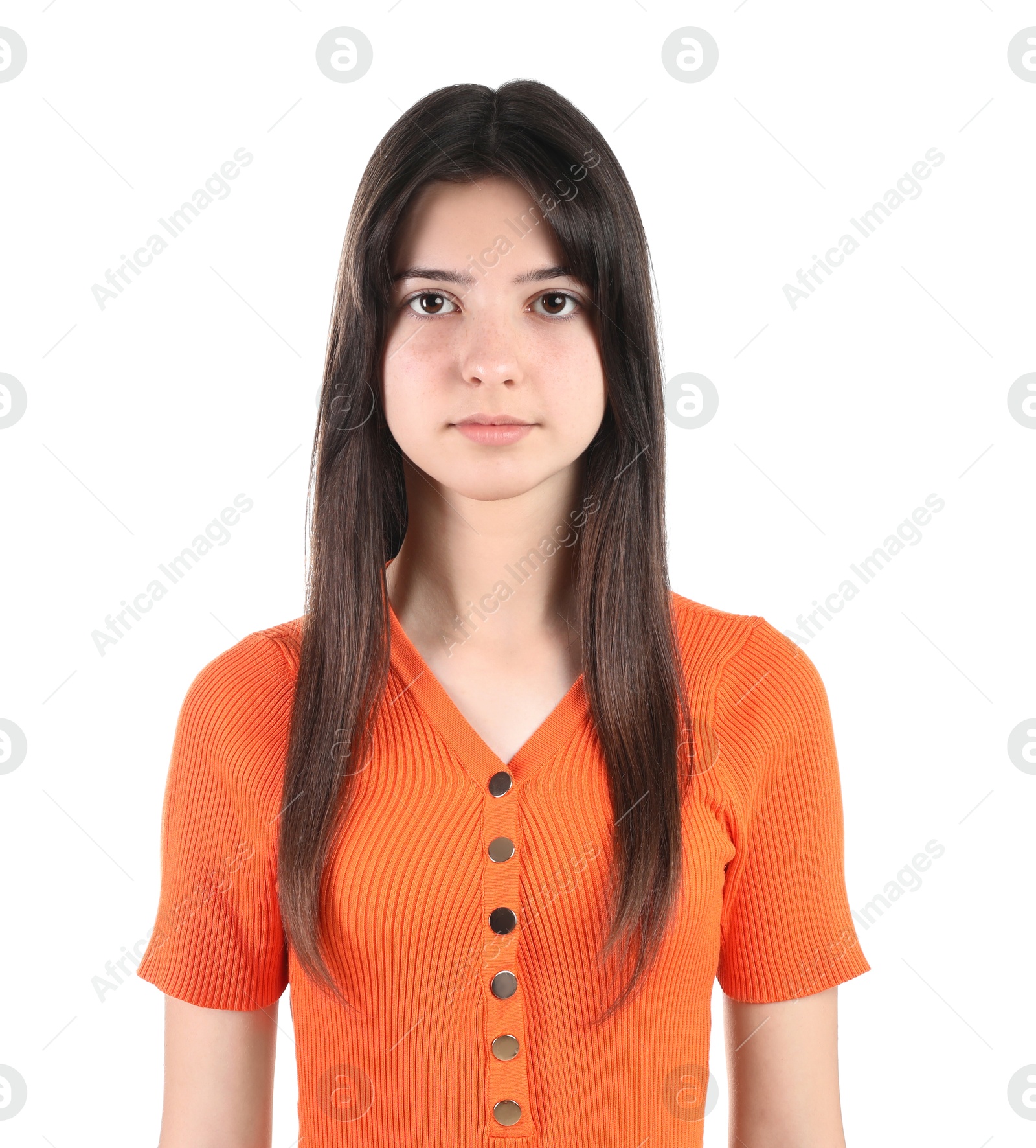 Photo of Portrait of cute teenage girl on white background