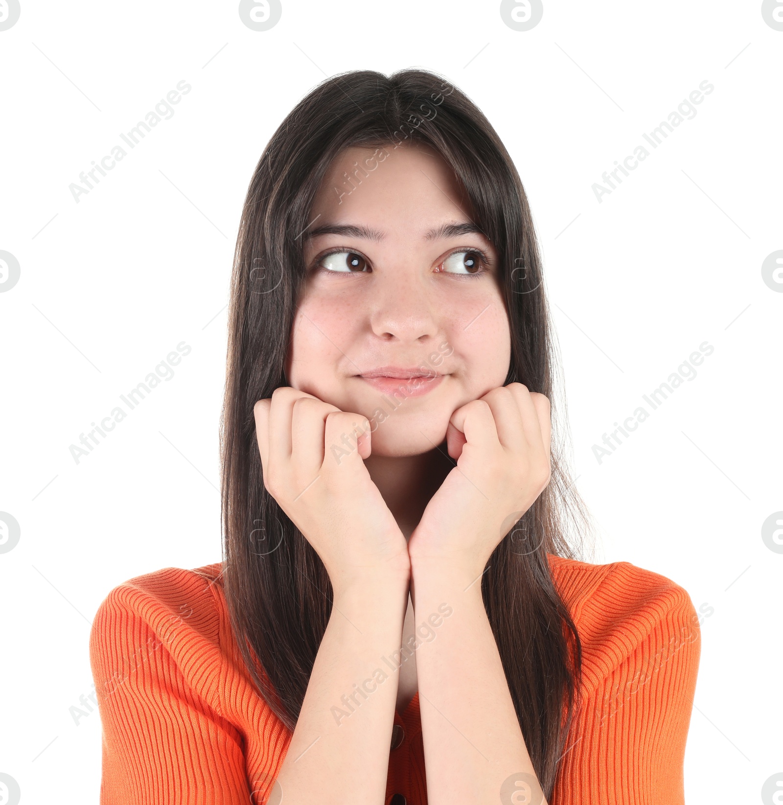 Photo of Portrait of cute teenage girl on white background