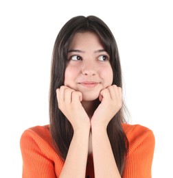 Portrait of cute teenage girl on white background