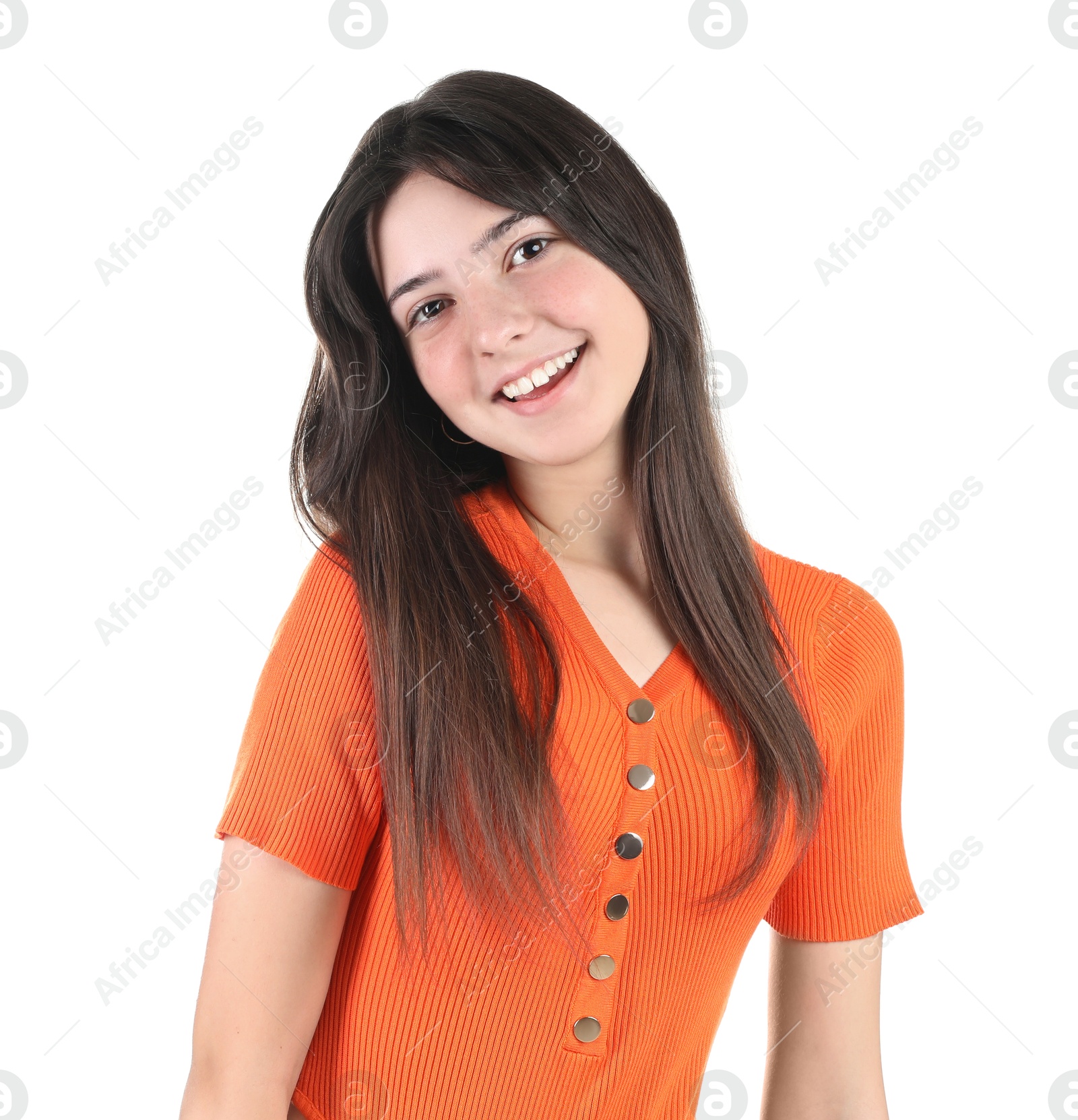 Photo of Portrait of smiling teenage girl on white background