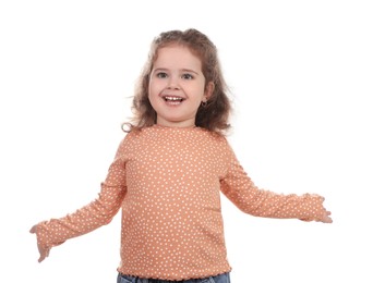 Photo of Portrait of smiling girl on white background. Adorable child