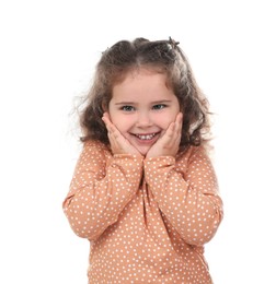 Photo of Portrait of smiling girl on white background. Adorable child