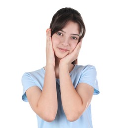 Photo of Portrait of cute teenage girl on white background