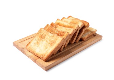 Delicious slices of toasted bread isolated on white