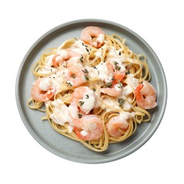 Photo of Delicious pasta with shrimps isolated on white, top view