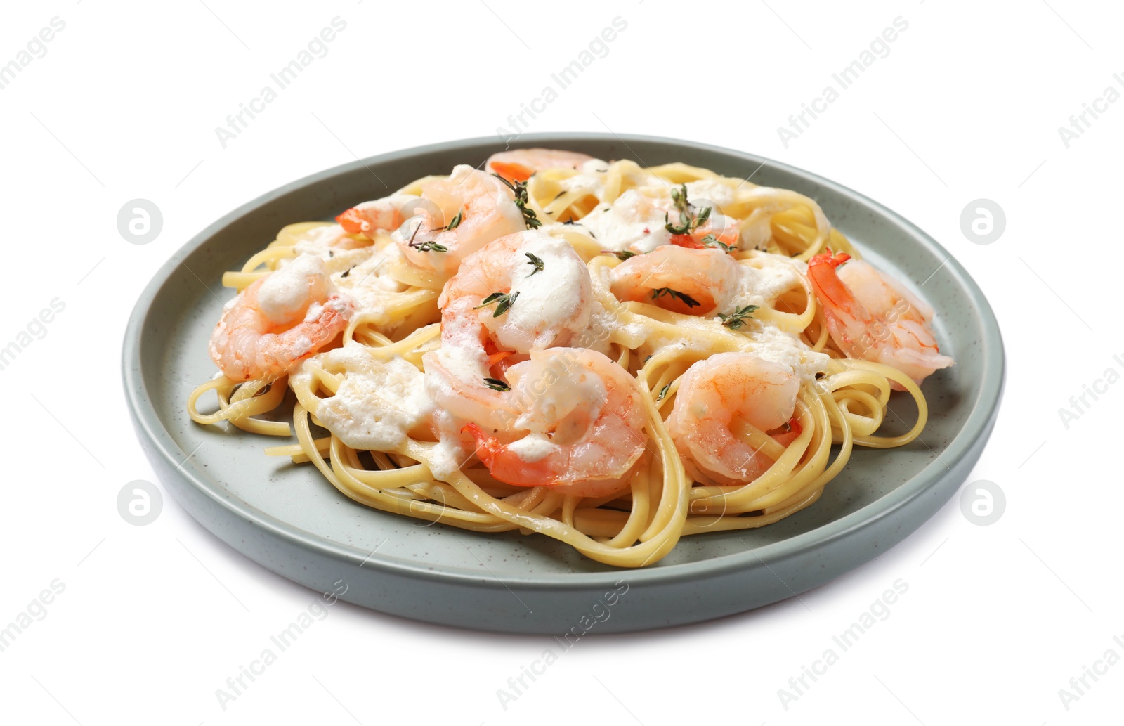 Photo of Delicious pasta with shrimps isolated on white