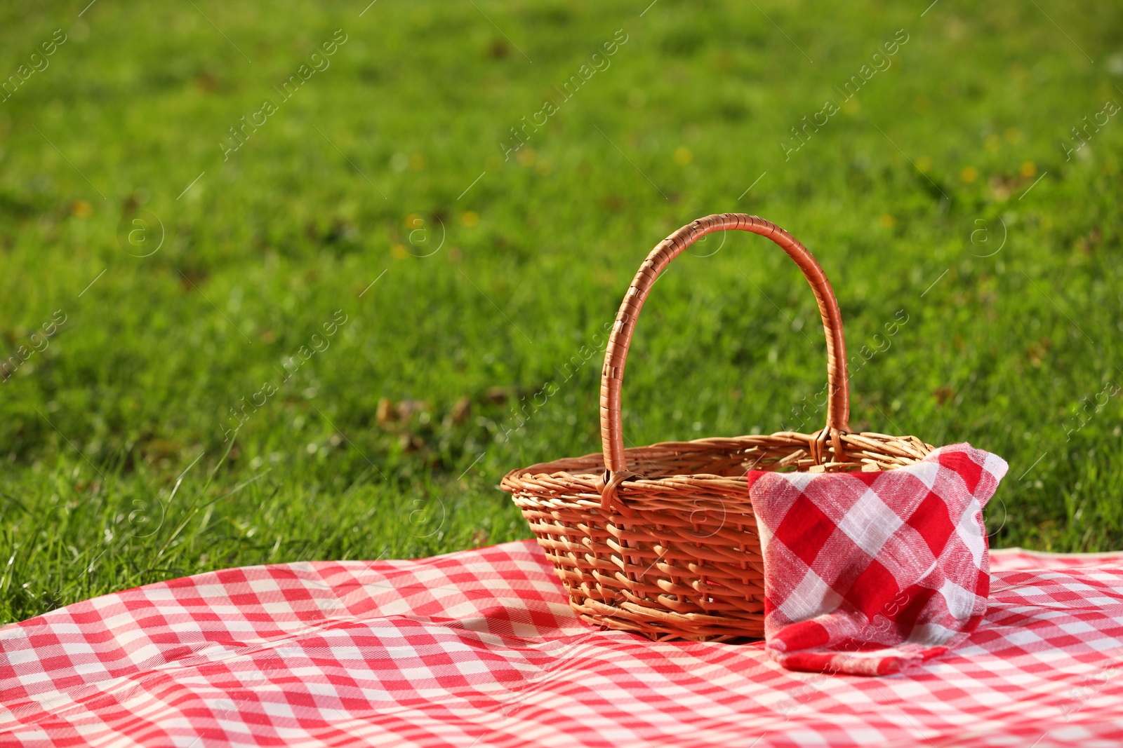 Photo of One picnic wicker basket with checkered napkin and blanket on green grass. Space for text