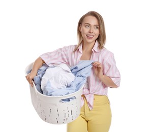 Photo of Happy young housewife with basket full of laundry on white background