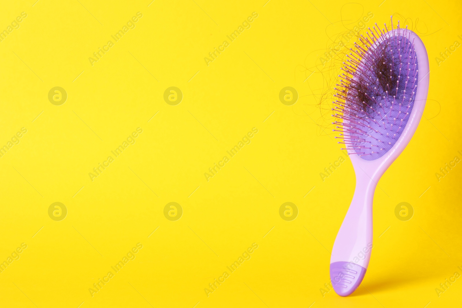 Photo of One brush with lost hair on yellow background, closeup. Space for text