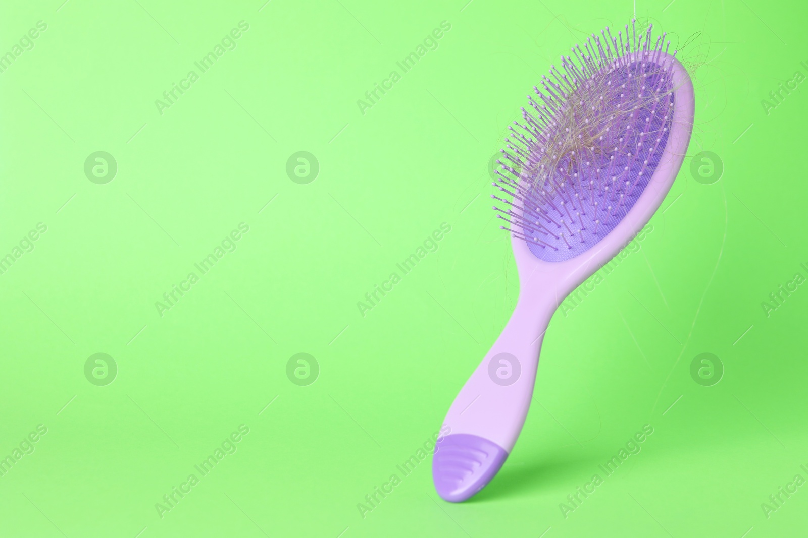 Photo of One brush with lost hair on green background, closeup. Space for text