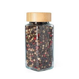 Photo of Peppercorns in glass jar isolated on white