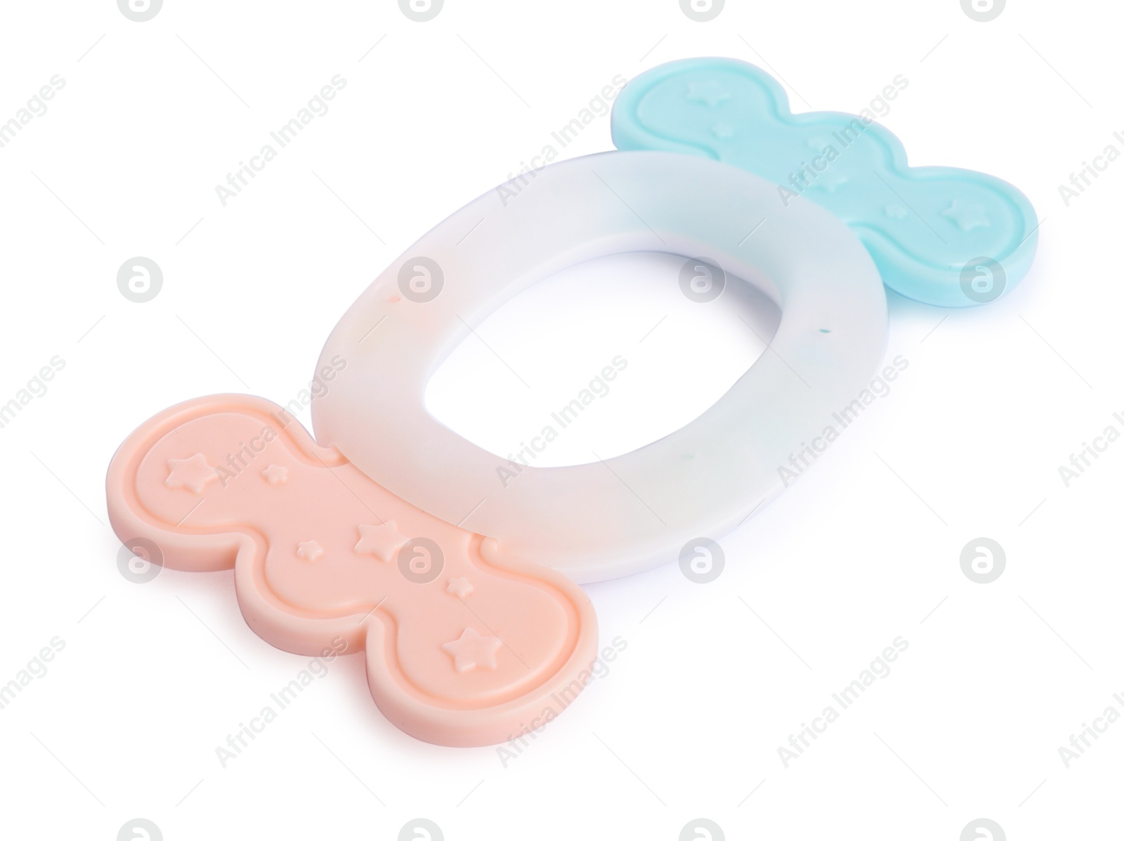 Photo of Colorful rattle isolated on white. Baby accessory