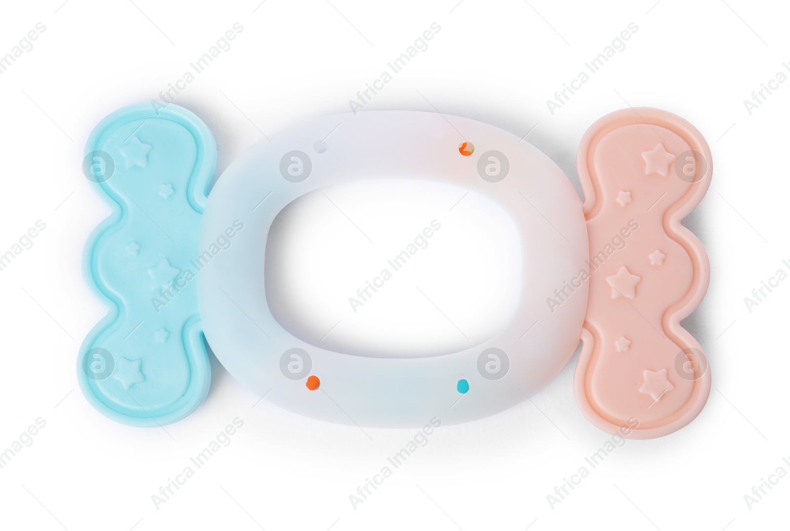 Photo of Colorful rattle isolated on white, top view. Baby accessory