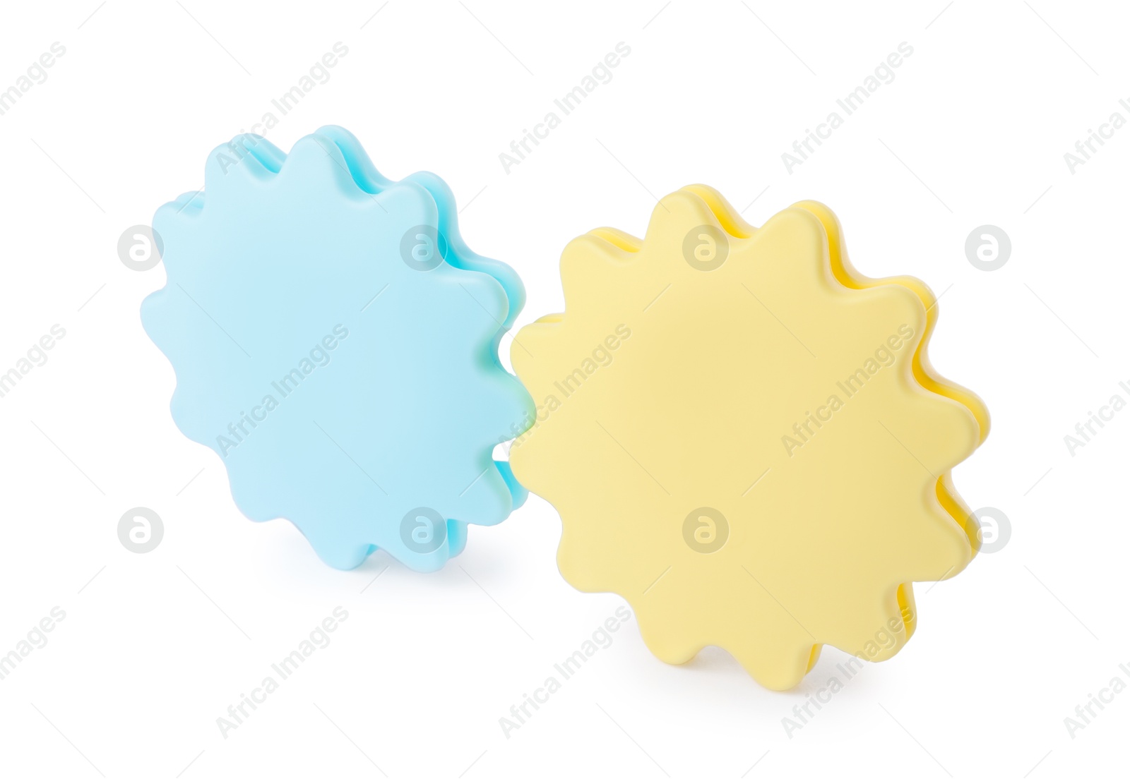 Photo of Colorful rattle isolated on white. Baby accessory