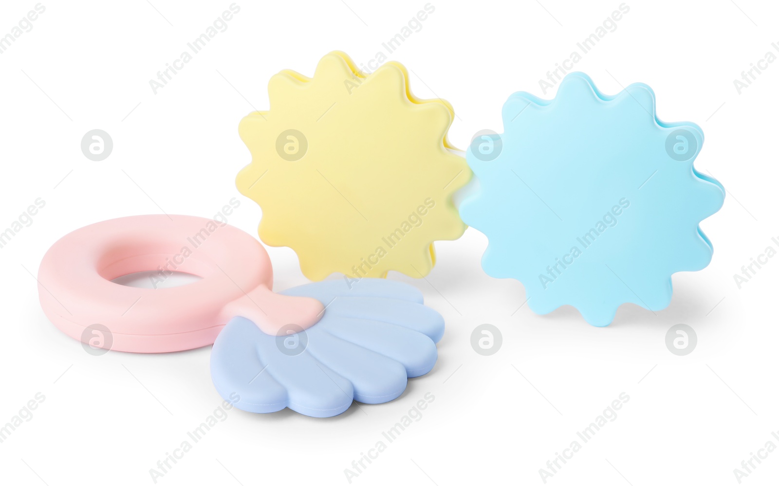 Photo of Colorful rattles isolated on white. Baby accessories