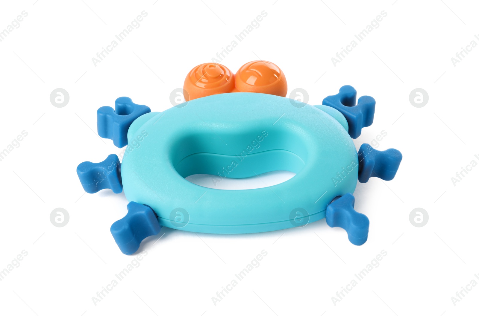 Photo of Colorful rattle isolated on white. Baby accessory