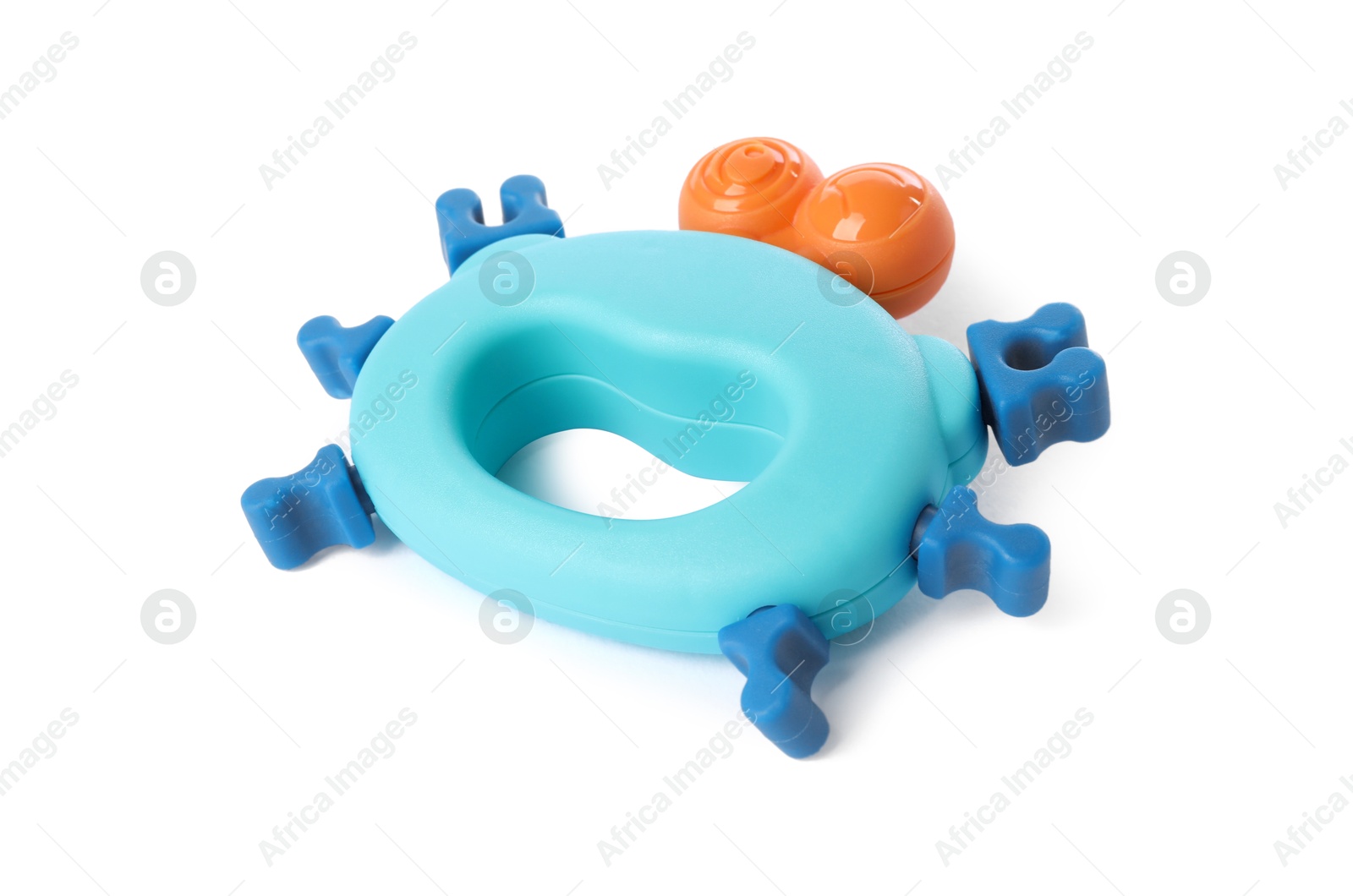 Photo of Colorful rattle isolated on white. Baby accessory