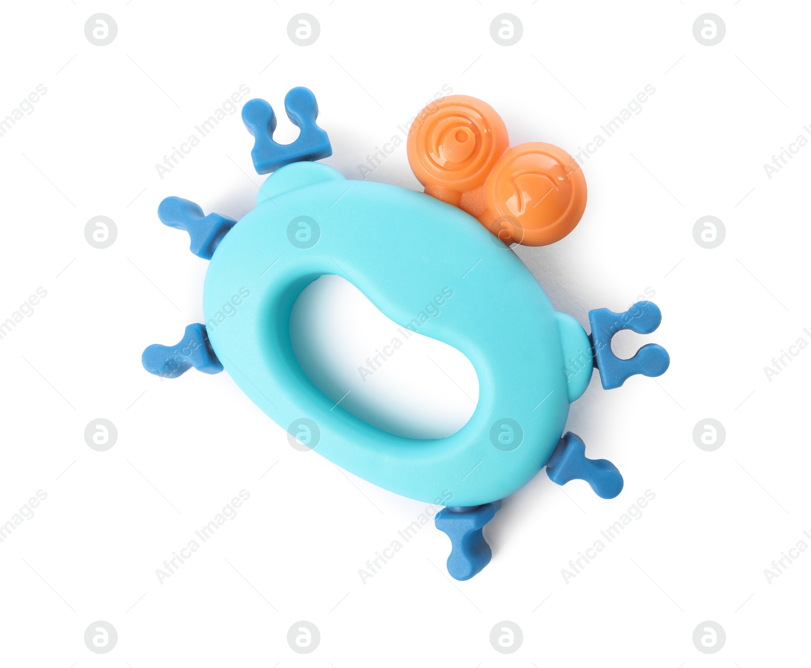 Photo of Colorful rattle isolated on white, top view. Baby accessory