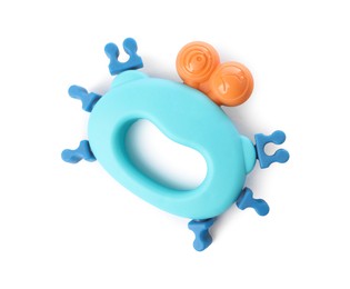 Colorful rattle isolated on white, top view. Baby accessory