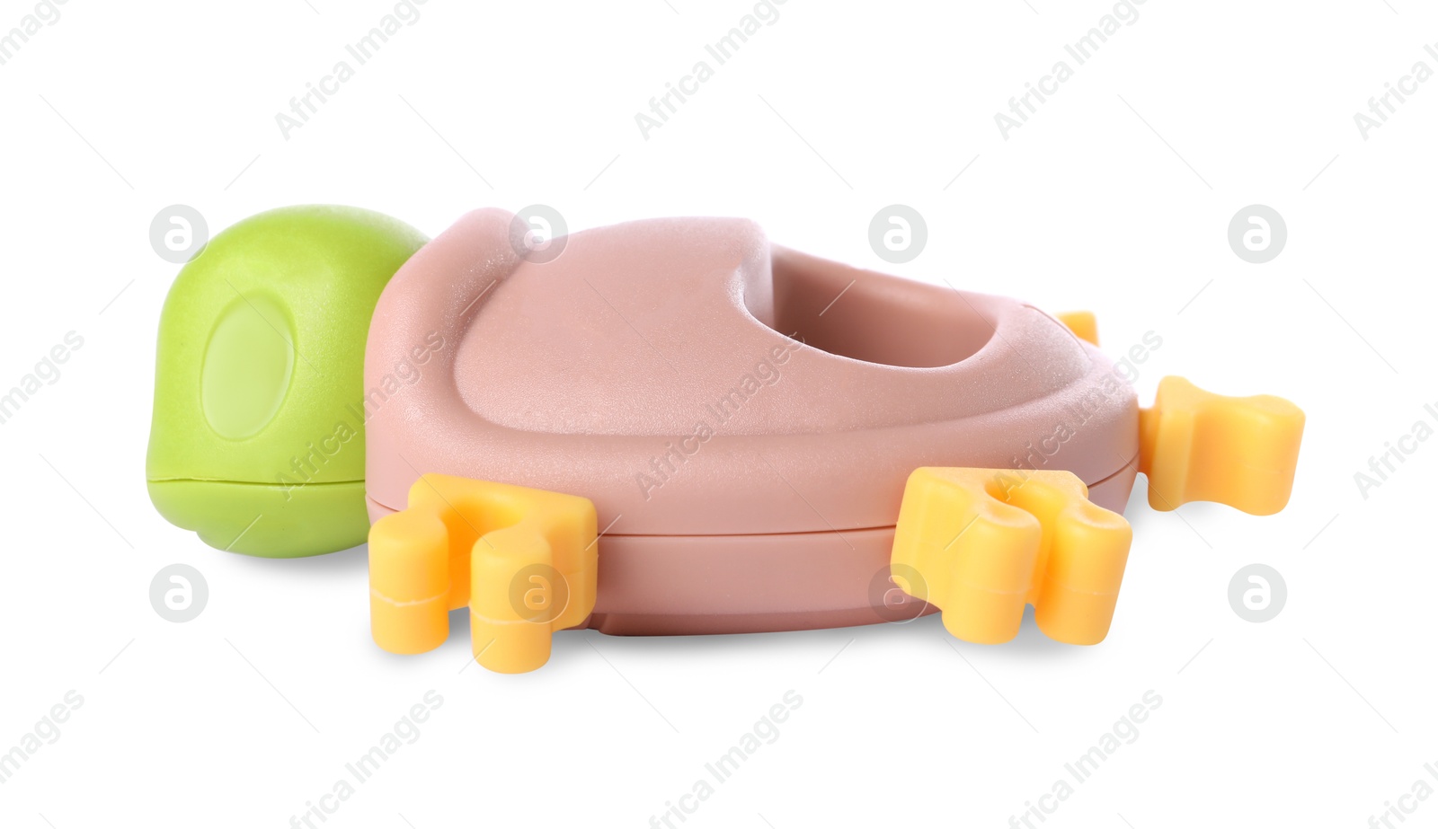 Photo of Colorful rattle isolated on white. Baby accessory