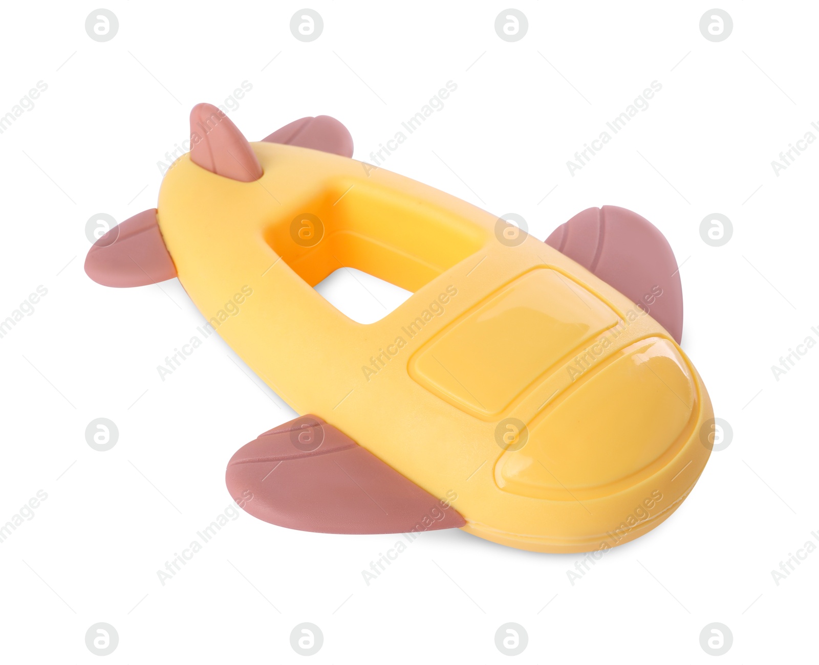 Photo of Colorful rattle isolated on white. Baby accessory