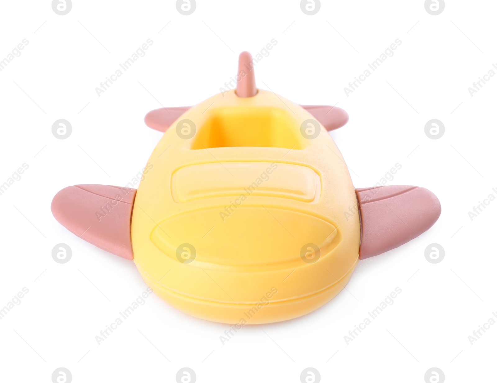 Photo of Colorful rattle isolated on white. Baby accessory