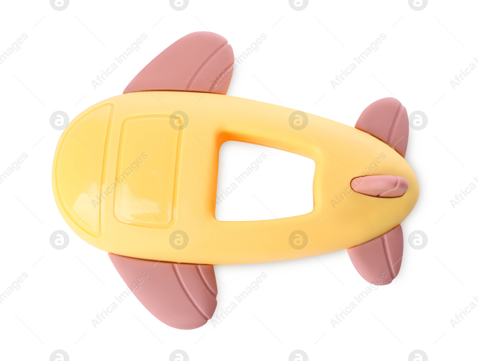 Photo of Colorful rattle isolated on white, top view. Baby accessory