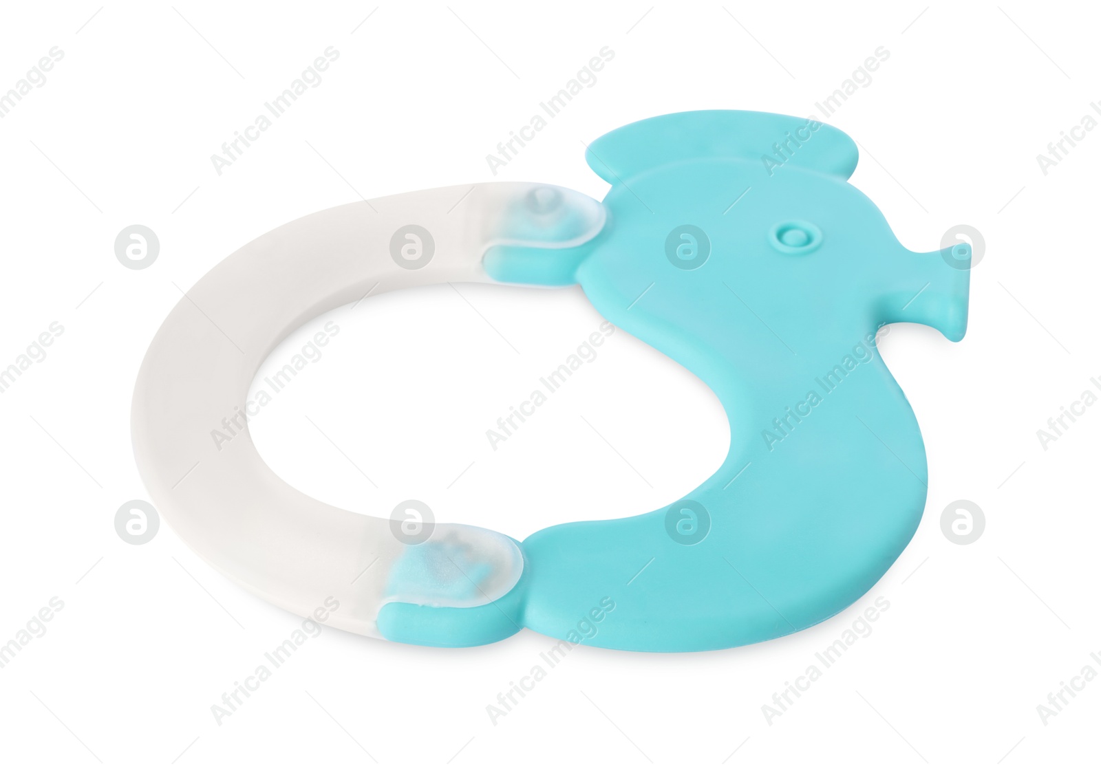 Photo of Colorful rattle isolated on white. Baby accessory